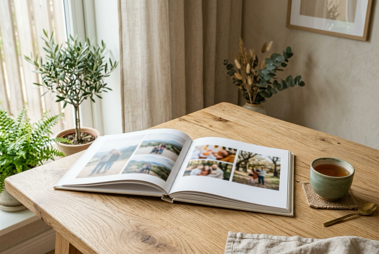 Een opengeslagen fotoboek op een houten tafel naast een kop thee