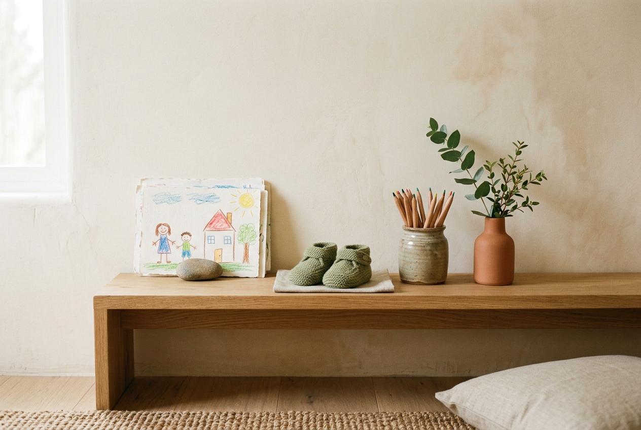 Een houten bankje met kindertekeningen, babyslofjes en kleurpotloden in een rustig, licht interieur