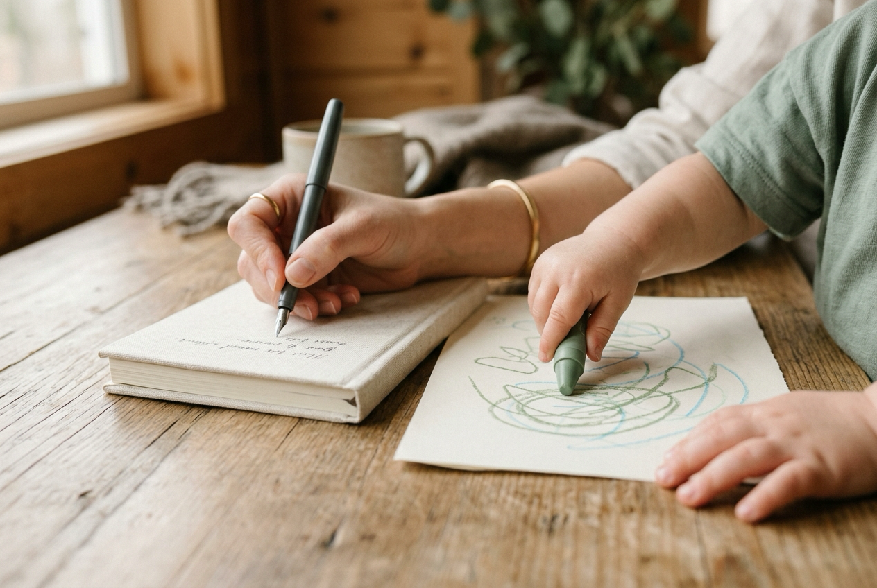 Een moeder schrijft in een notitieboekje terwijl een kinderhand ernaast met een groen waskrijtje tekent